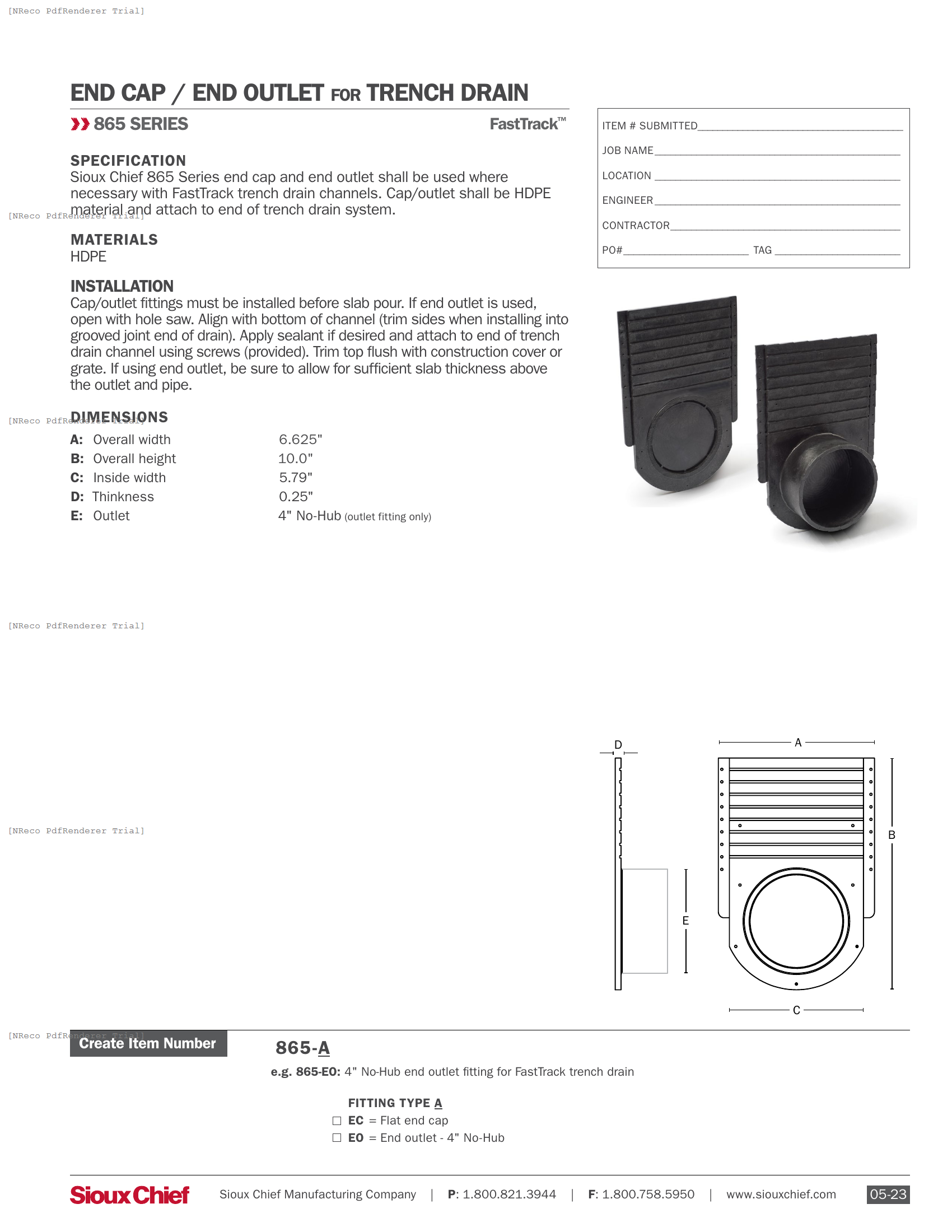 865 SERIES - FASTTRACK END CAP & OUTLET - SPEC SHEET.PDF Specification Document